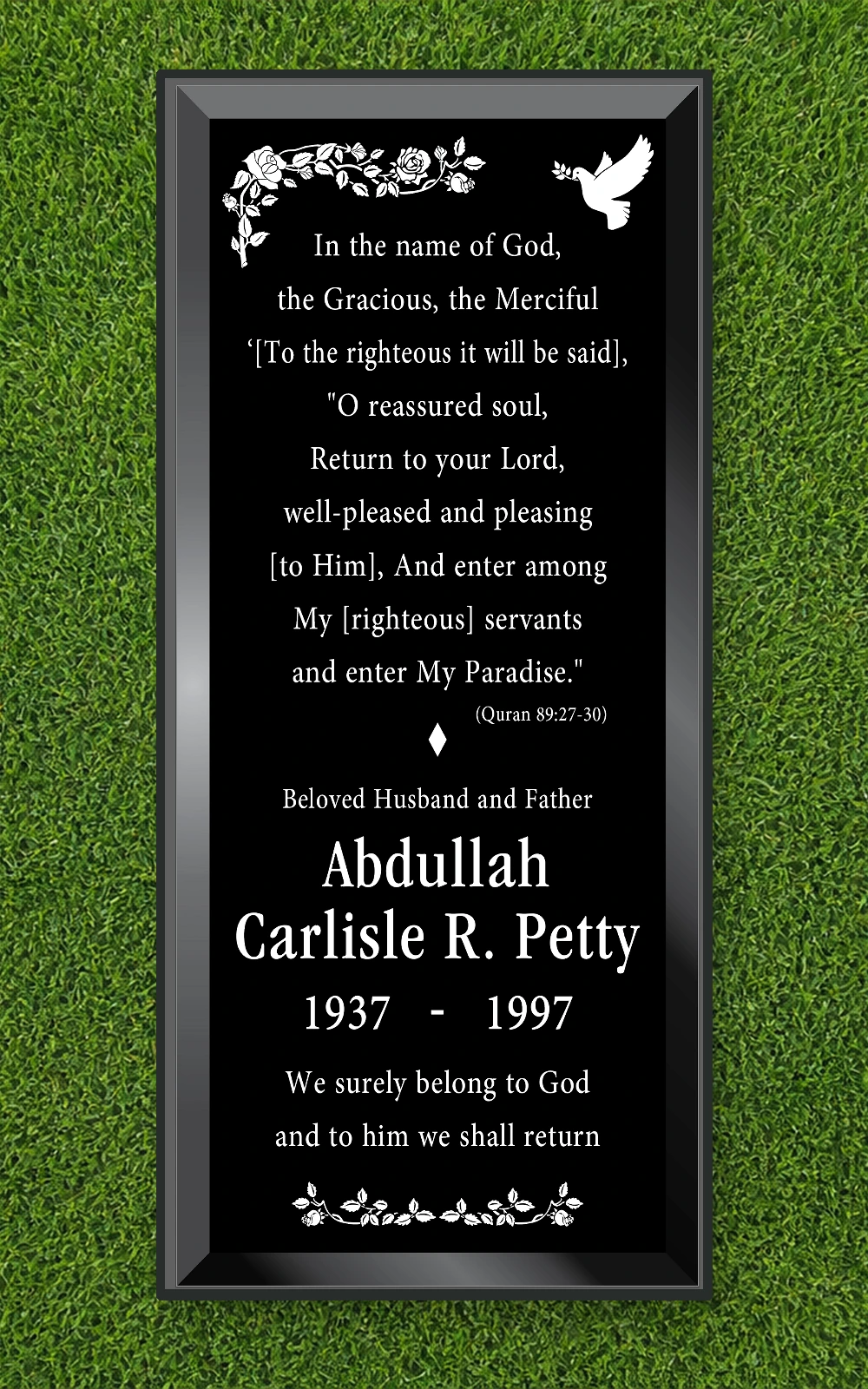 Black granite 72 by 32 inch full ledger with Quran verse, floral artwork, and dove