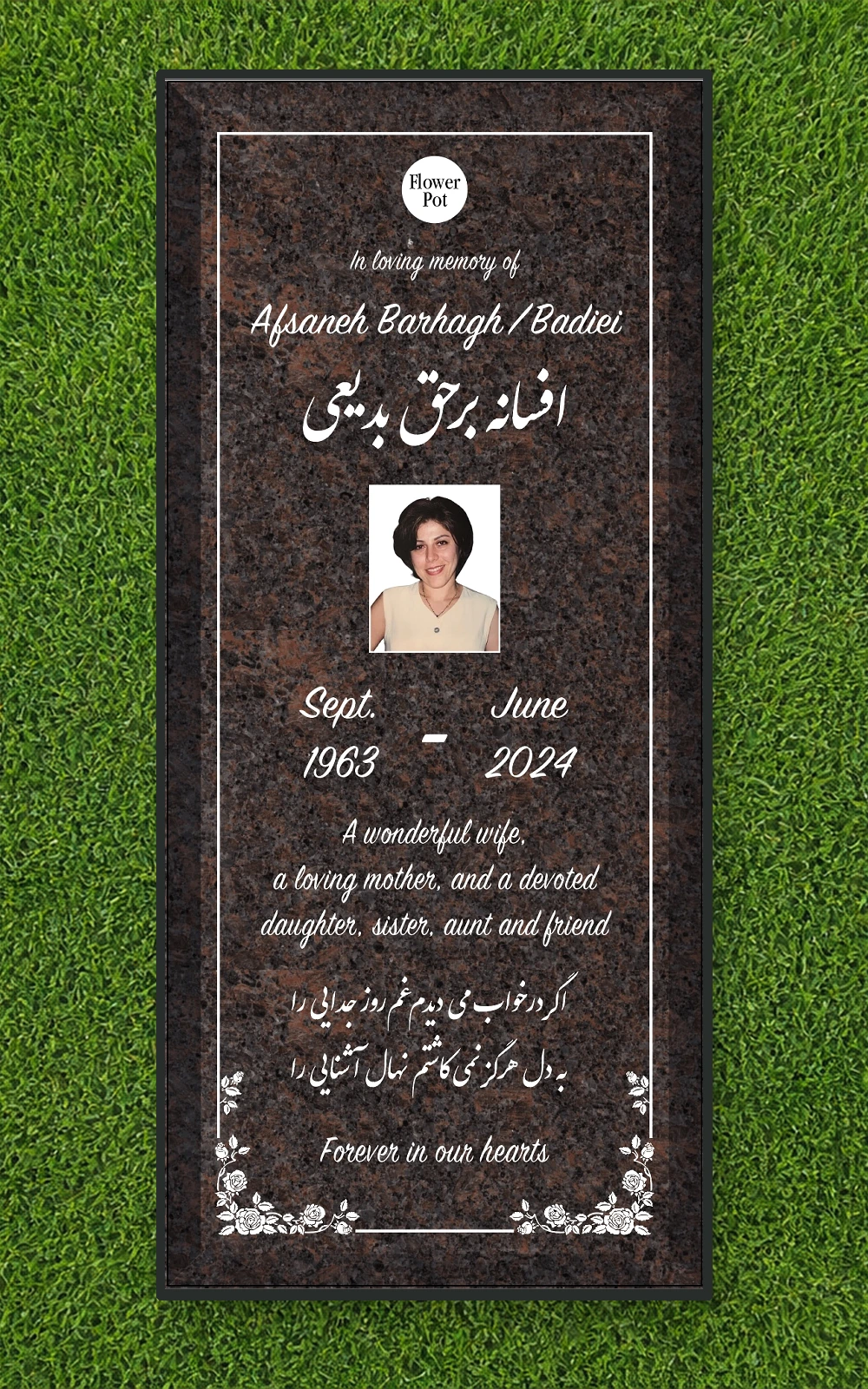Red granite 72 by 32 inch full ledger with portrait and Persian inscription
