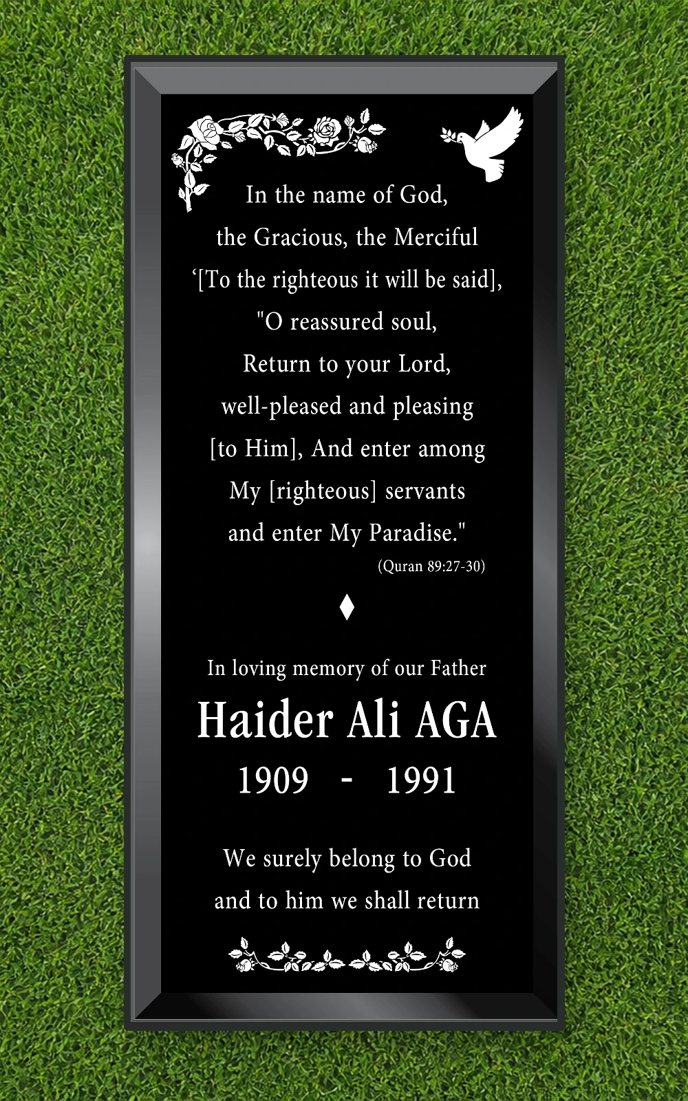 Black granite 72 by 32 inch full ledger with Quran verse and floral artwork
