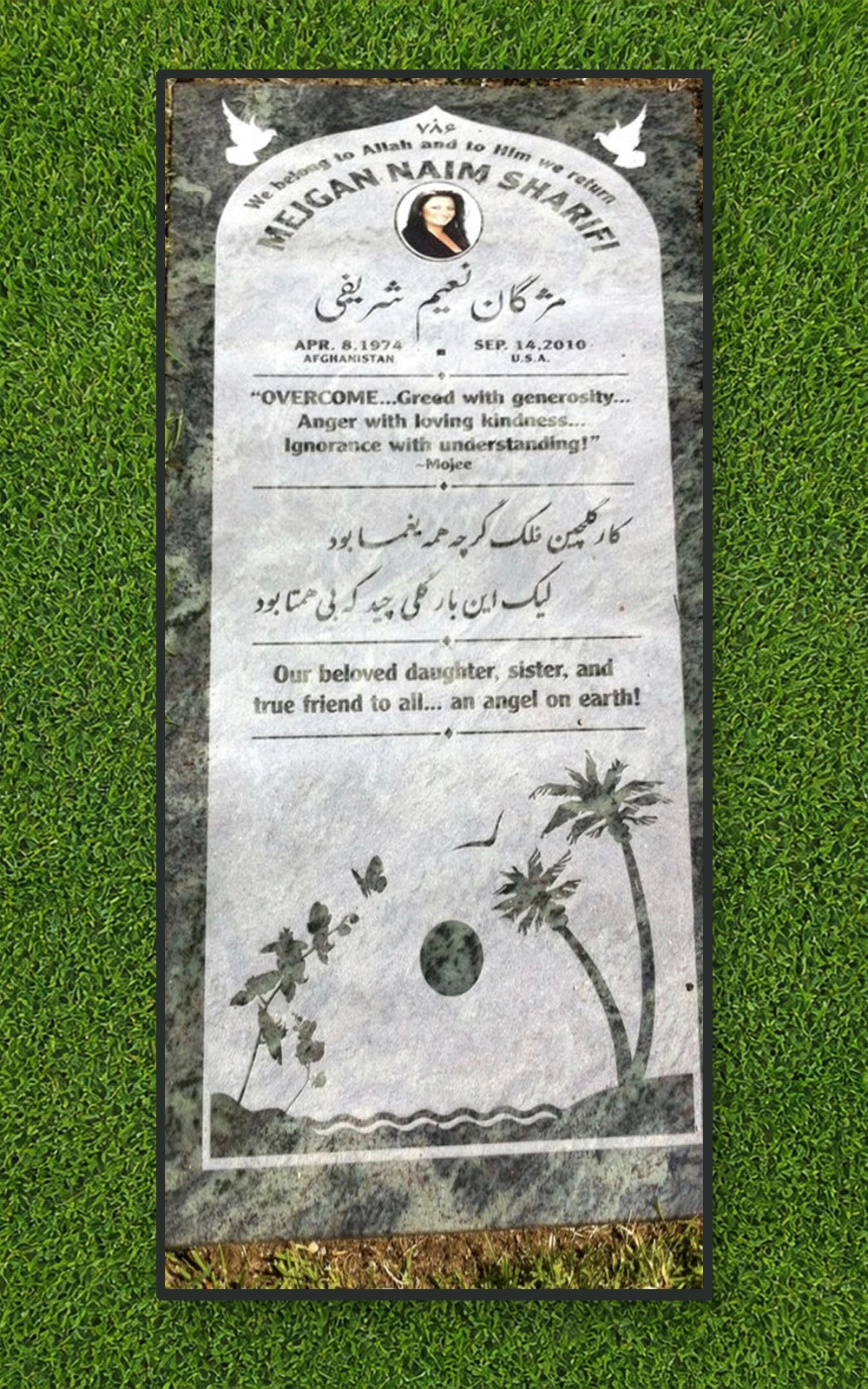 Two-tone granite 72 by 32 inch full ledger with portrait and multilingual inscription
