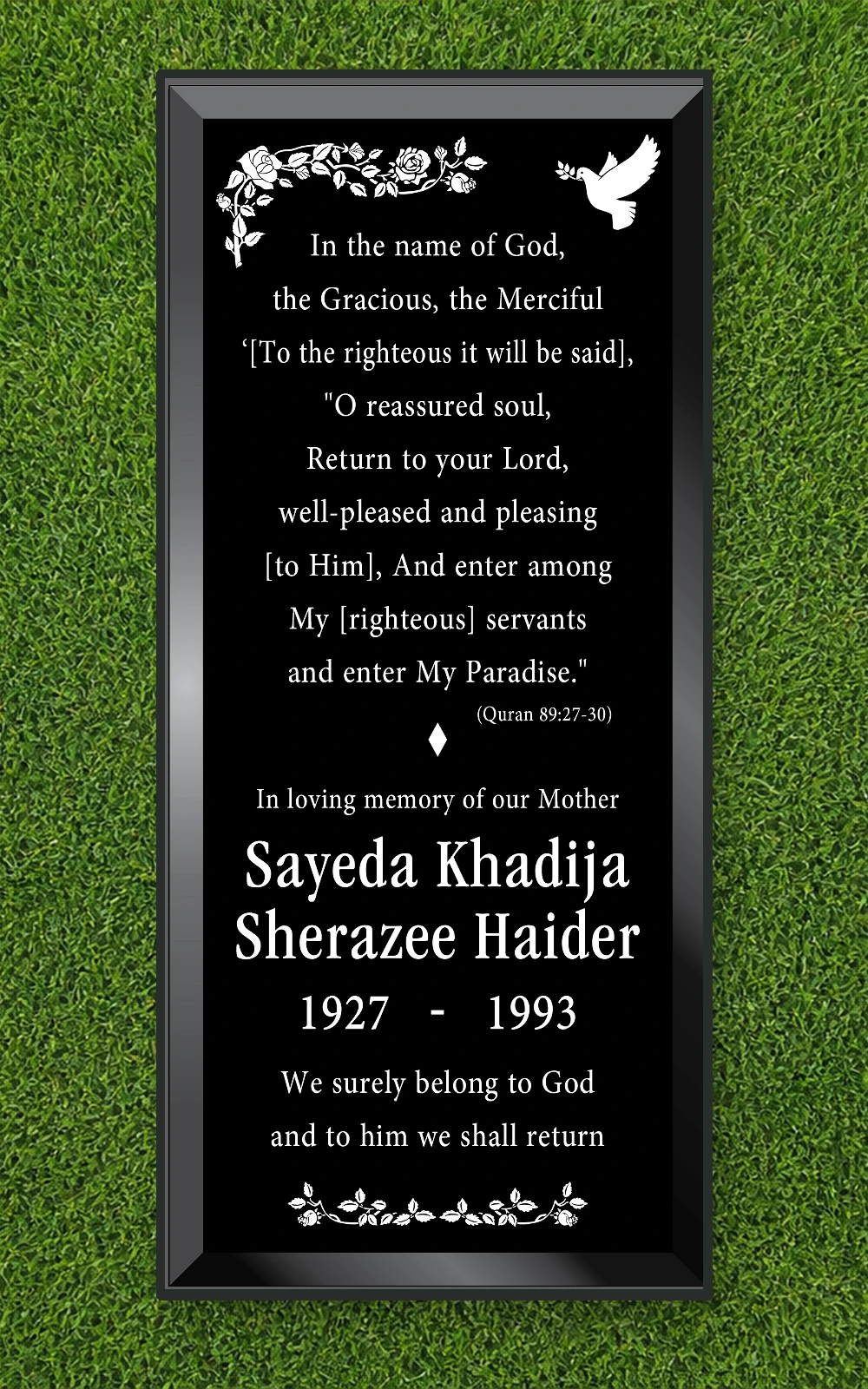 Black granite 72 by 32 inch full ledger with Quran verse and floral border